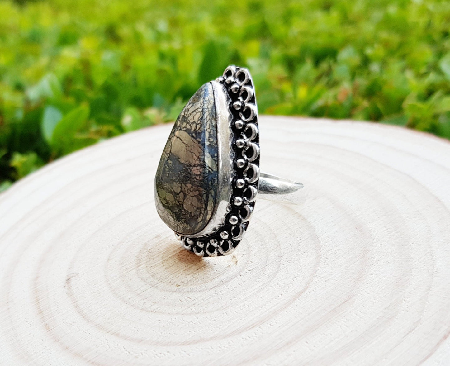 Apache Gold Pyrite Sterling Silver Ring - Boho Statement Ring US 9 - LunarGem - Rings