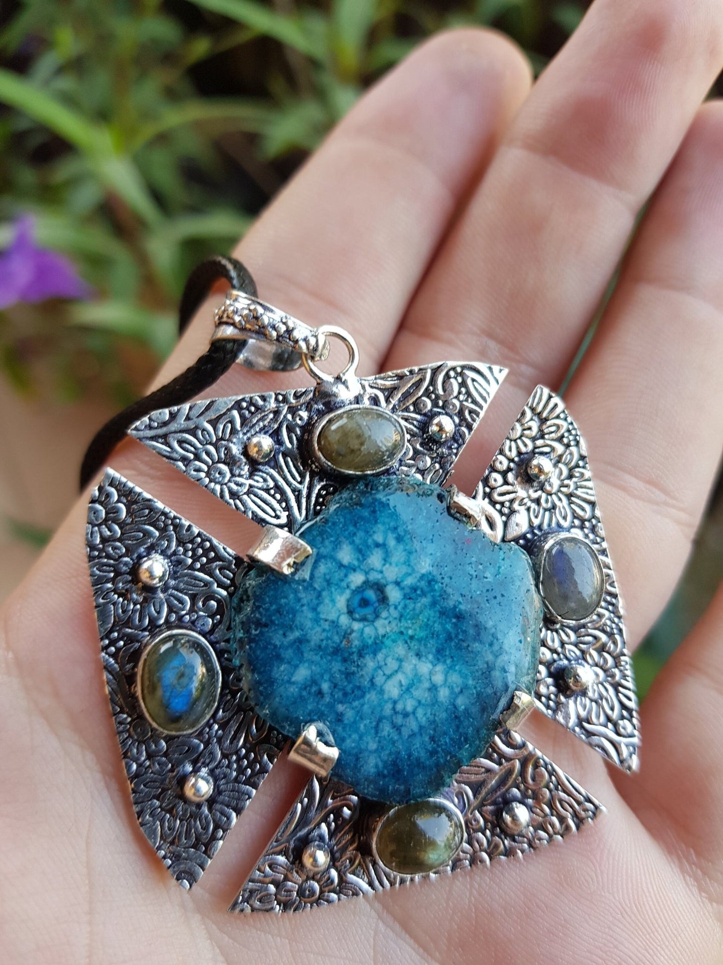 Blue Solar Agate And Labradorite Statement Pendant In Sterling Silver - LunarGem -