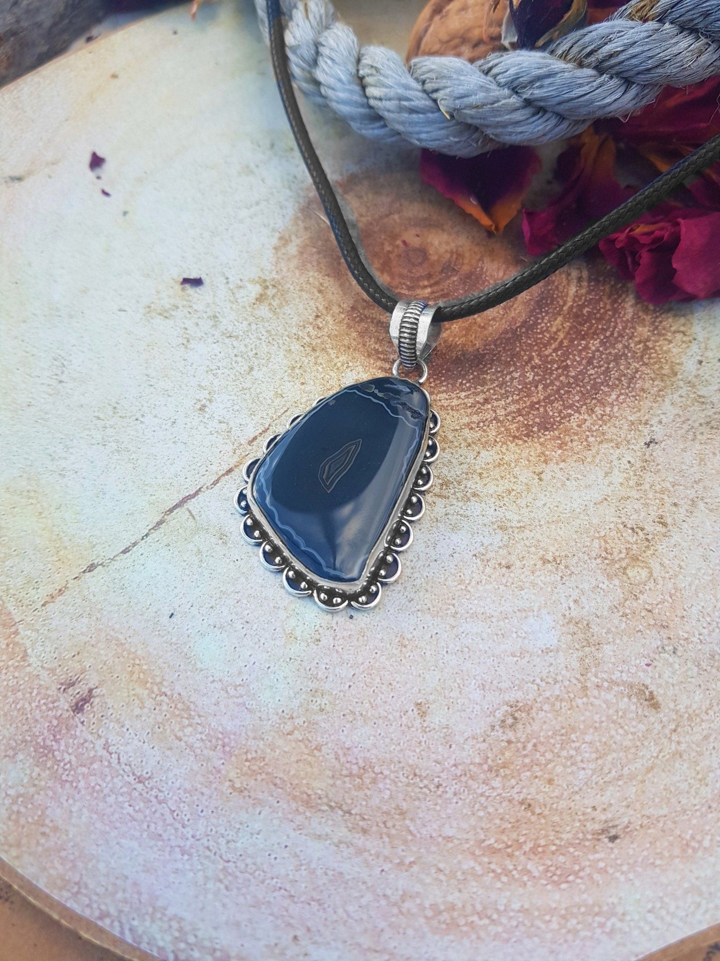 Botswana Agate Sterling Silver Pendant Necklace, Unique Boho Crystal - LunarGem -