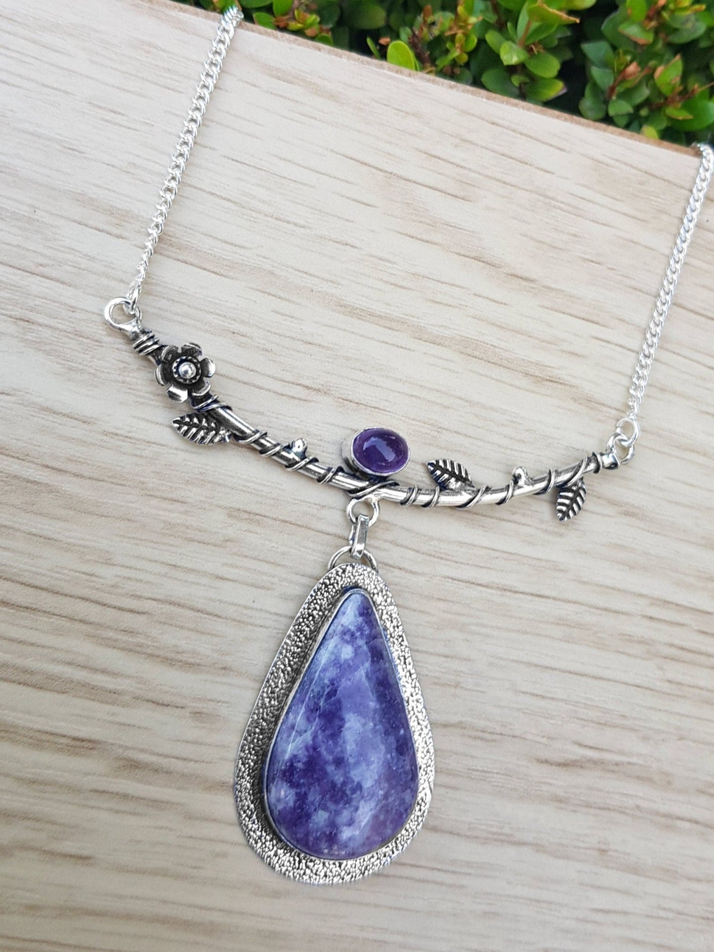 Charoite And Amethyst Necklace Tree Statement Necklace In Sterling Silver - LunarGem -