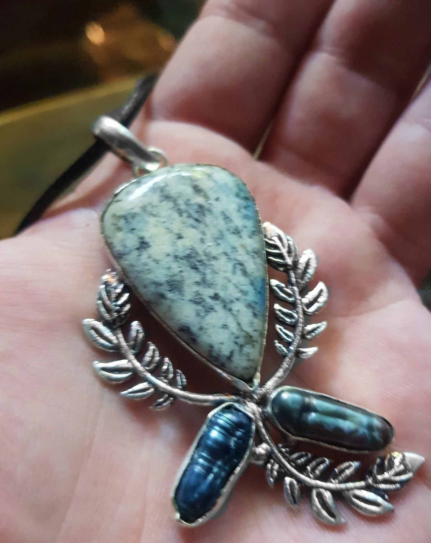 Dendritic Opal & Biwa Pearl Sterling Silver Pendant: Boho Gemstone Jewelry - LunarGem -