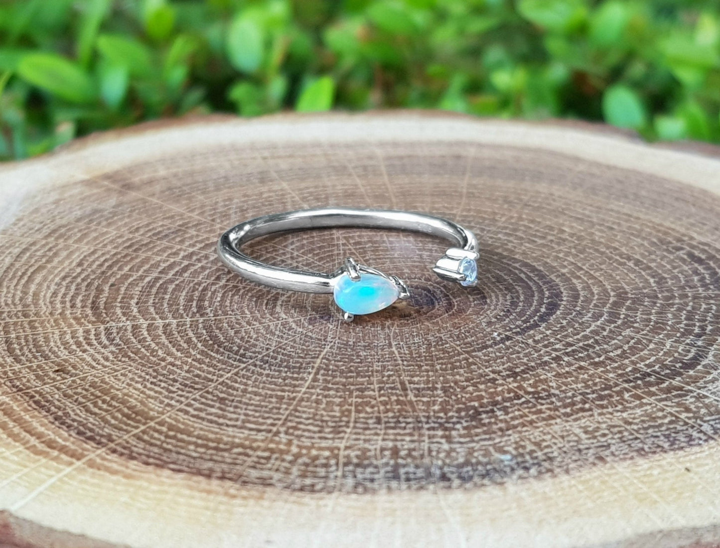 Ethiopian Opal and Zircon Ring: Adjustable Sterling Silver Gemstone - LunarGem - Rings