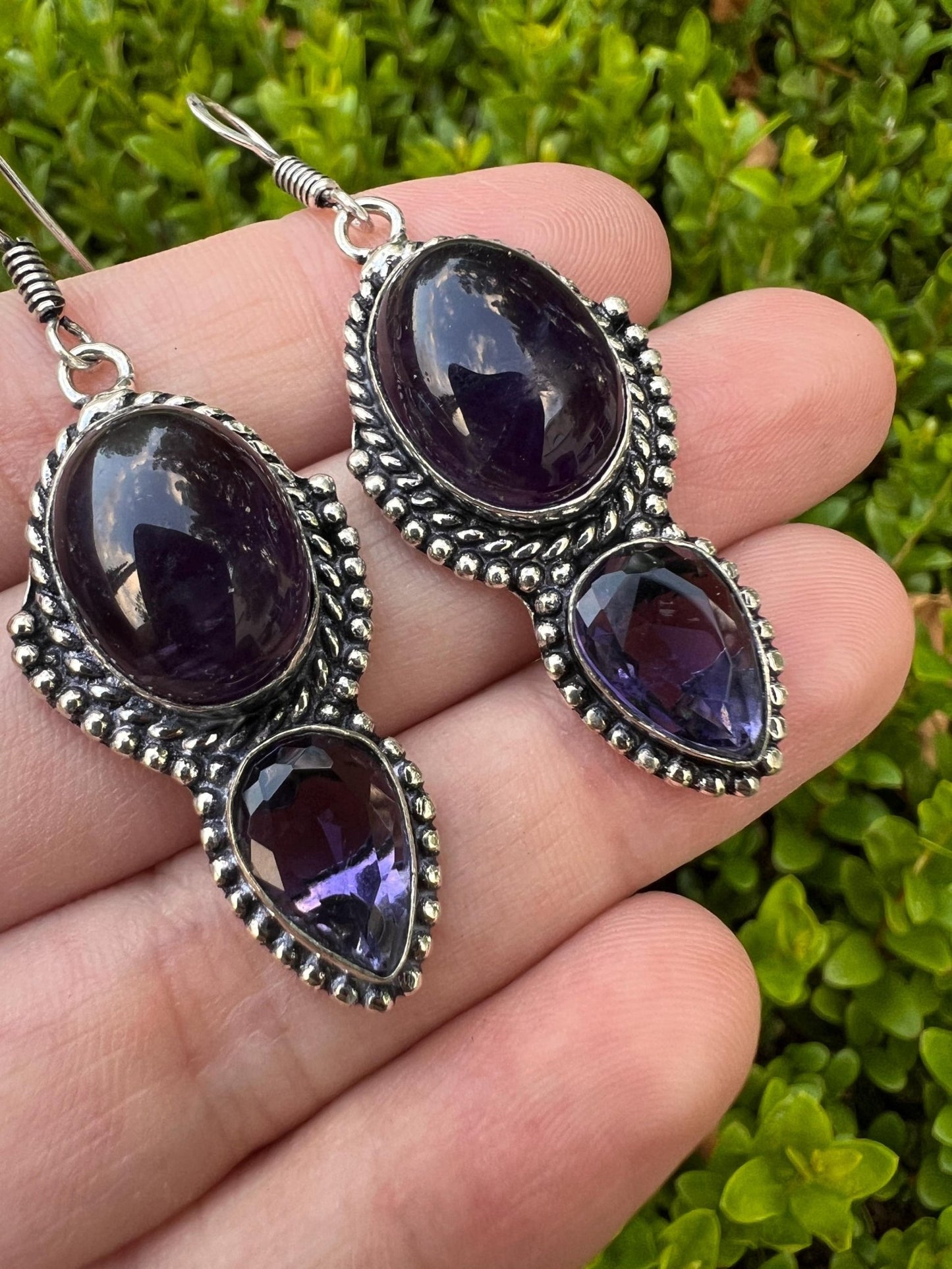Ethnic Amethyst Sterling Silver Dangle Earrings: Boho Gemstone Jewelry - LunarGem -