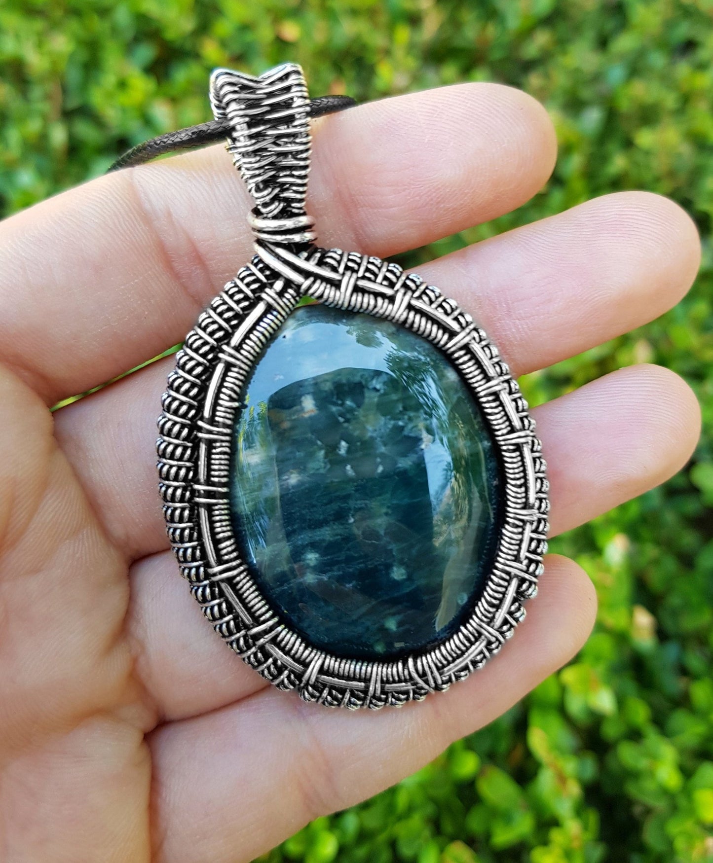 Green Bloodstone Pendant Wire Wrapped Pendant In Sterling Silver One Of A Kind Handmade Jewelry - LunarGem -