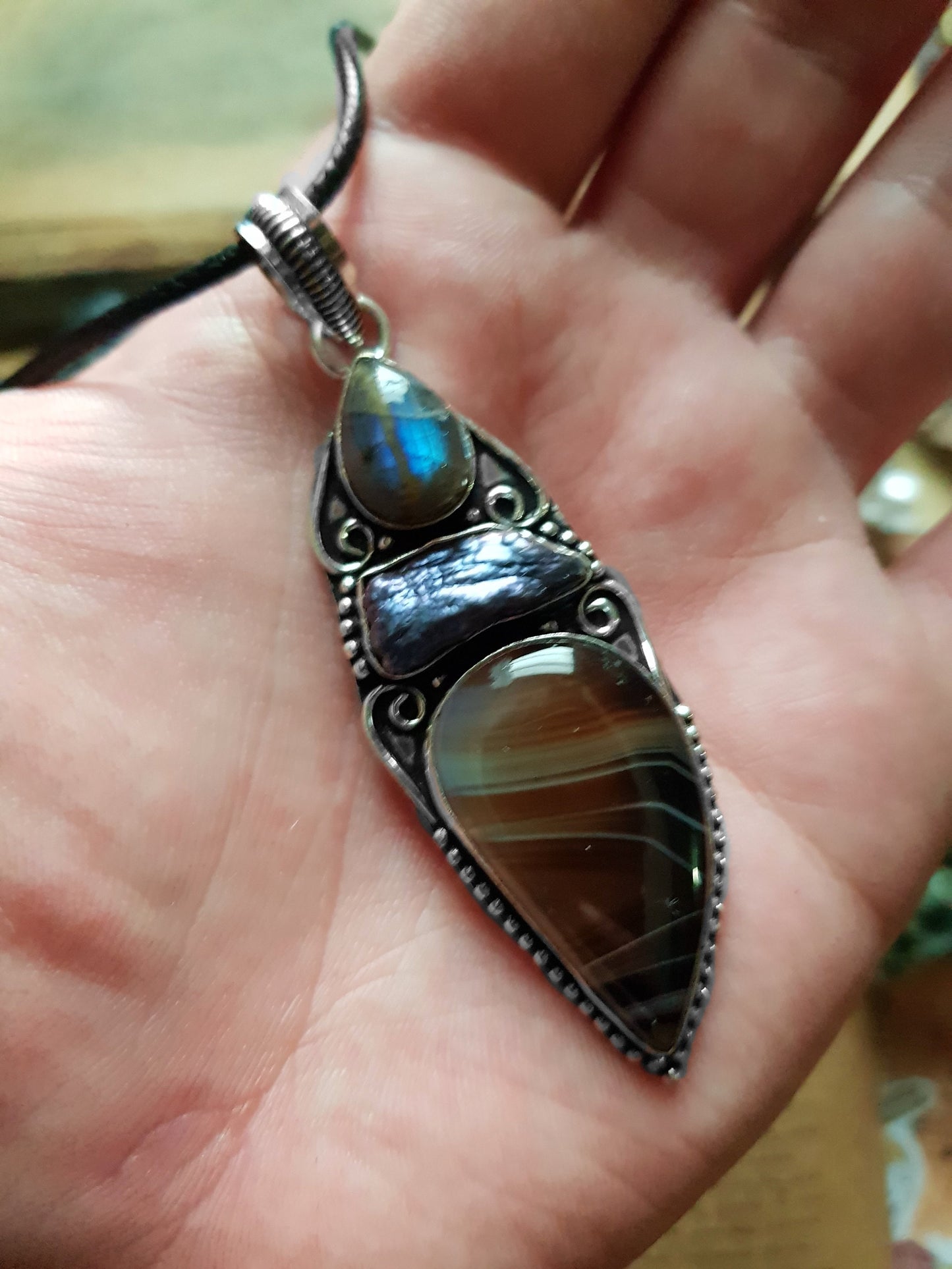 Jasper And Labradorite Pendant In Sterling Silver Multi Stone Statement Necklace Crystal Jewellery