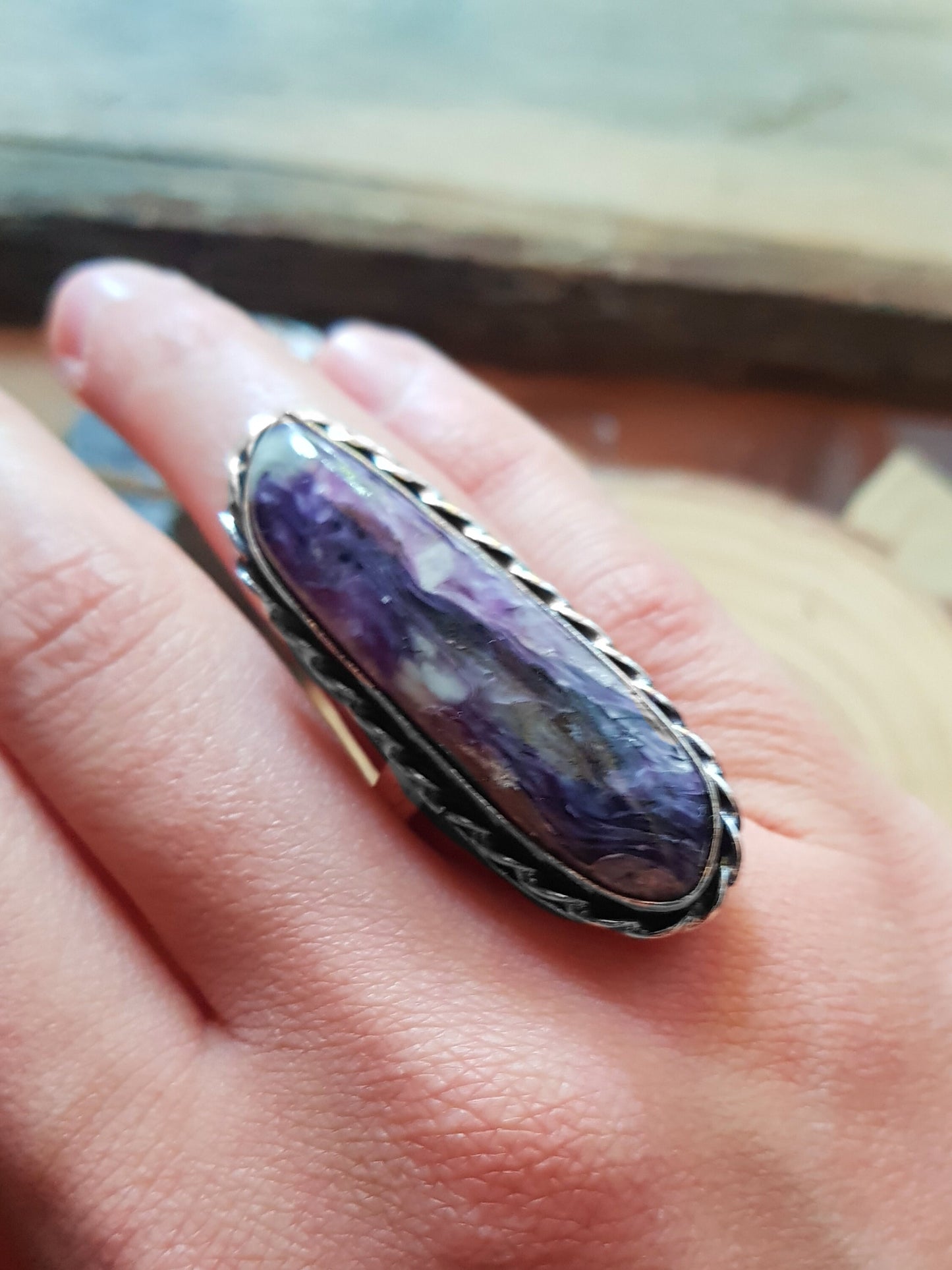 Charoite Statement Ring Teardrop Ring Size US 8 1/2 Sterling Silver Gemstone Ring Boho Ring Unique Jewelry