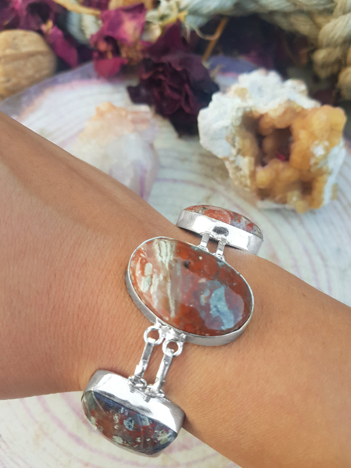 Poppy Jasper Sterling Silver Bracelet: Adjustable Gemstone Statement