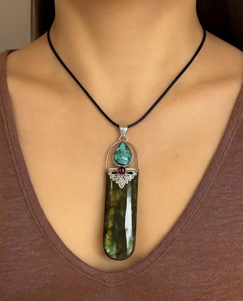 Natural Labradorite And Turquoise Necklace In Sterling Silver