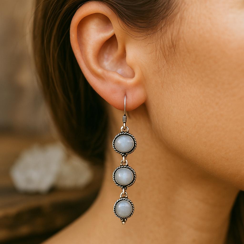 White Moonstone Dangle Earrings In Sterling Silver, Statement Earrings