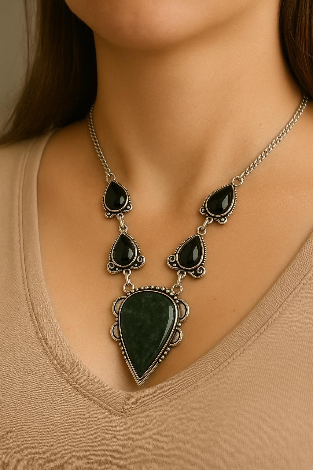 Black Onyx And Moss Agate Statement Pendant In Sterling Silver
