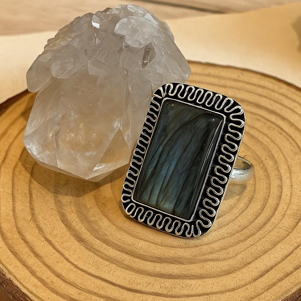 Blue Labradorite Statement Ring, Recycled Sterling Silver, US Size 7 3/4