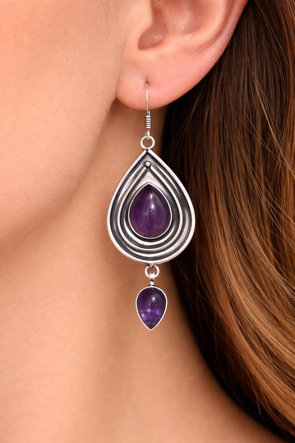 Amethyst Dangle Earrings In Sterling Silver, Statement Earrings