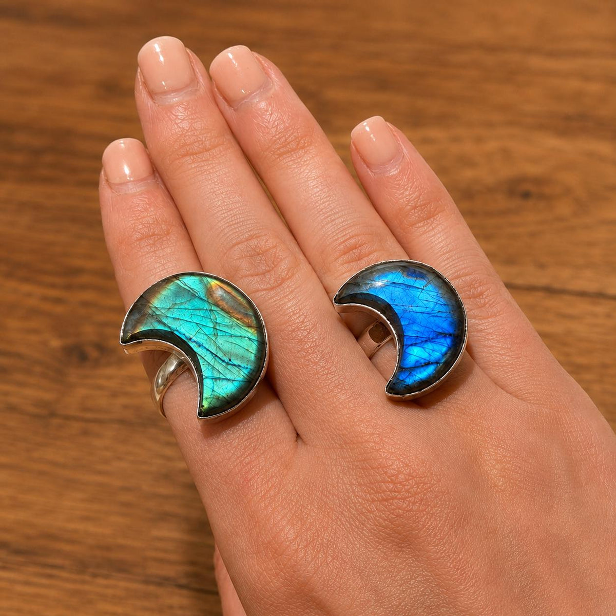 Crescent Moon Labradorite Ring, Sterling Silver Boho Jewelry