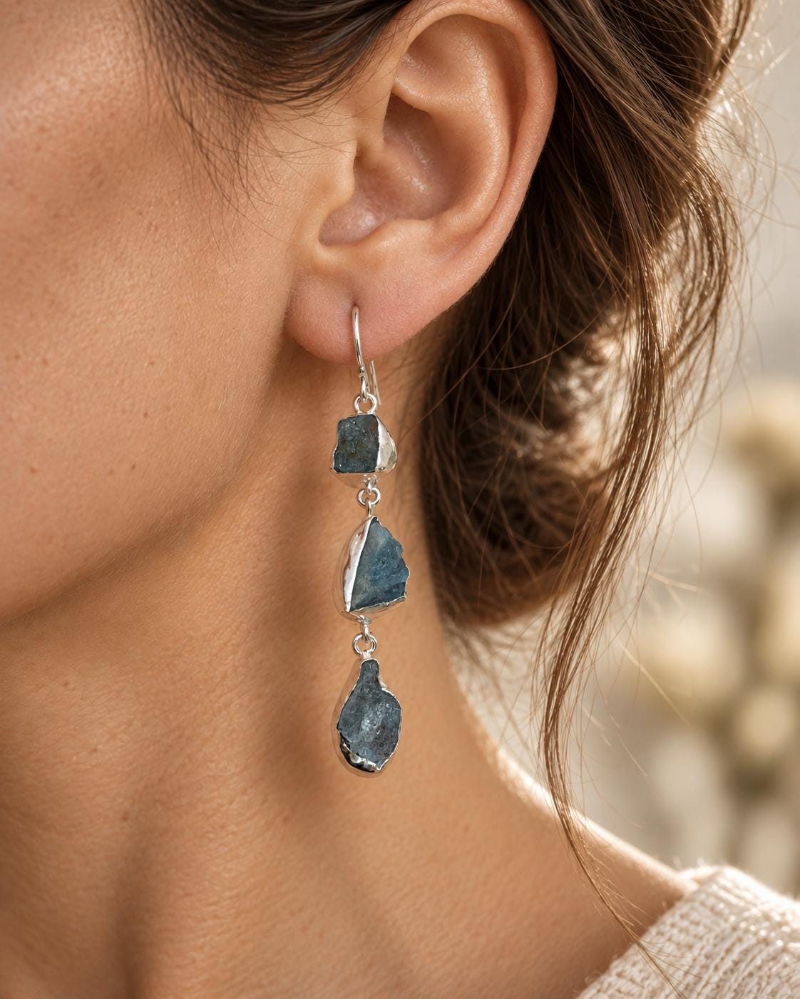 Raw Aquamarine Dangle Earrings, Sterling Silver, Rough Natural Gemstone, March Birthstone