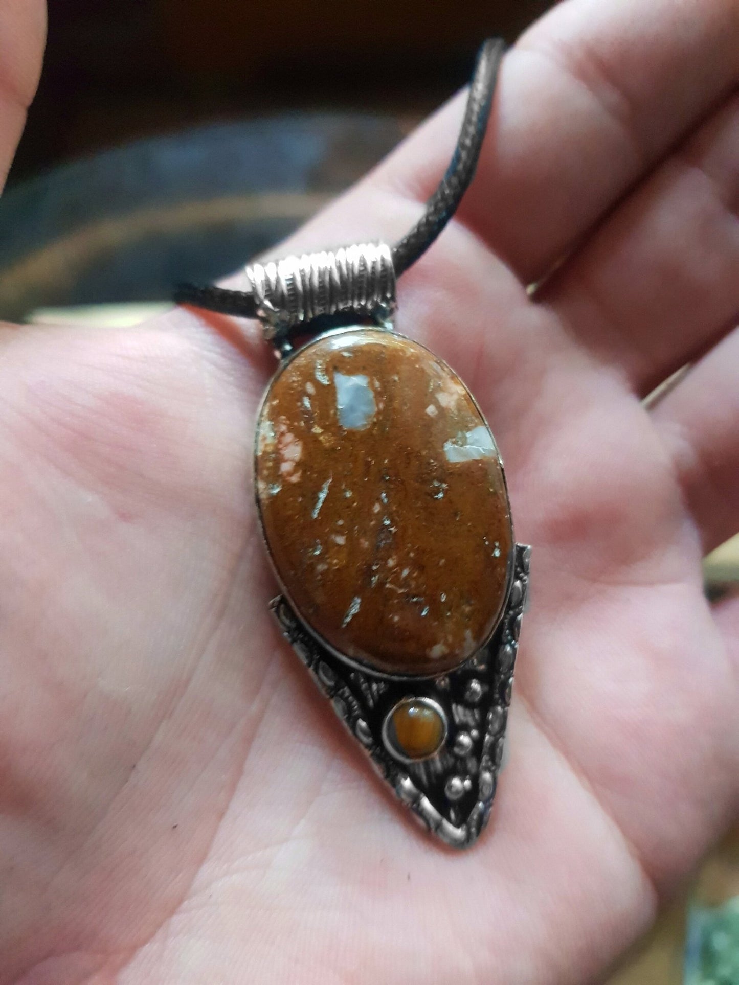 Jasper And Tiger Eye Pendant In Sterling Silver Statement Necklace - LunarGem -