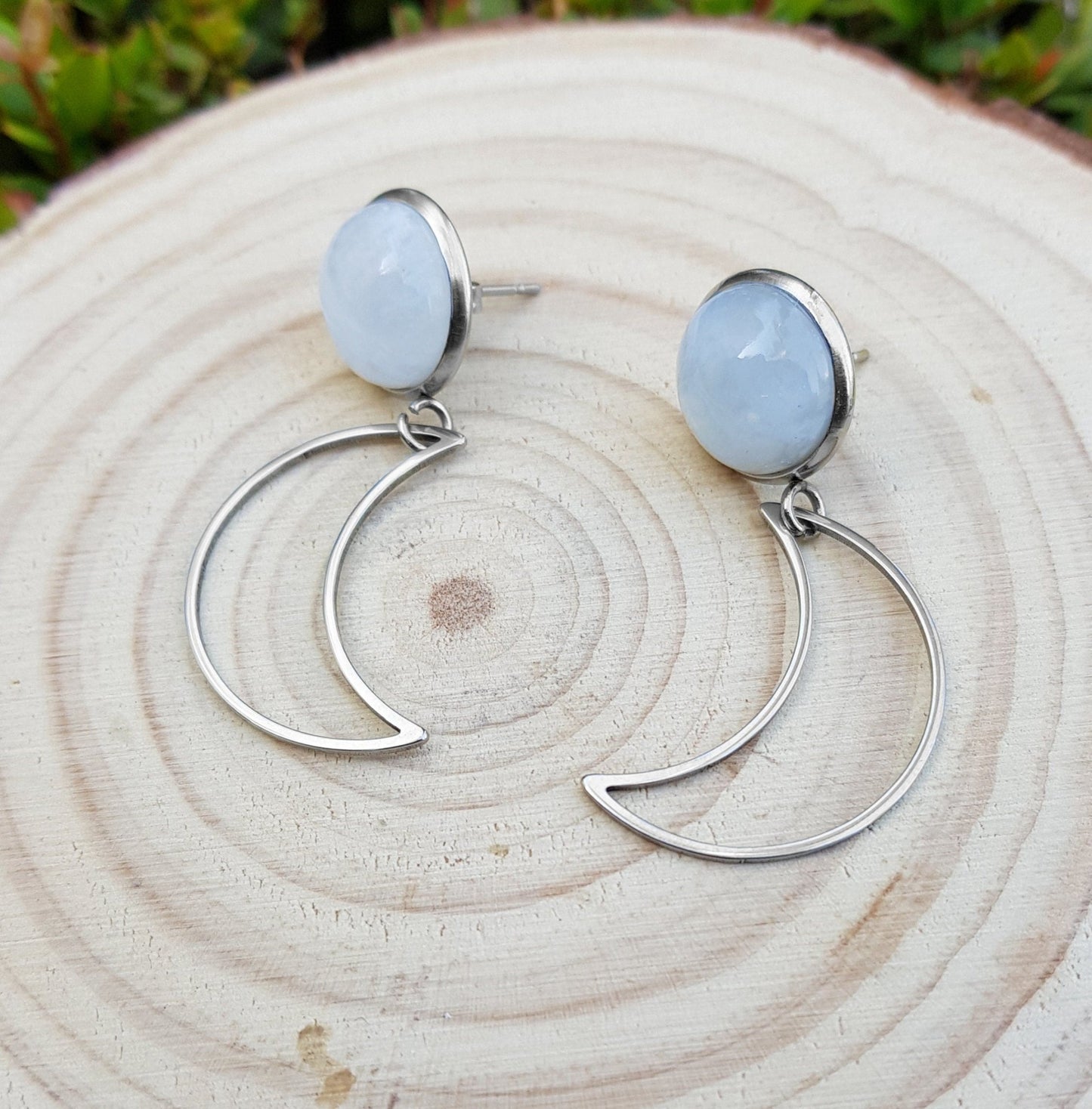 Labradorite Half Moon Dangle Earrings: Surgical Steel Studs - LunarGem -