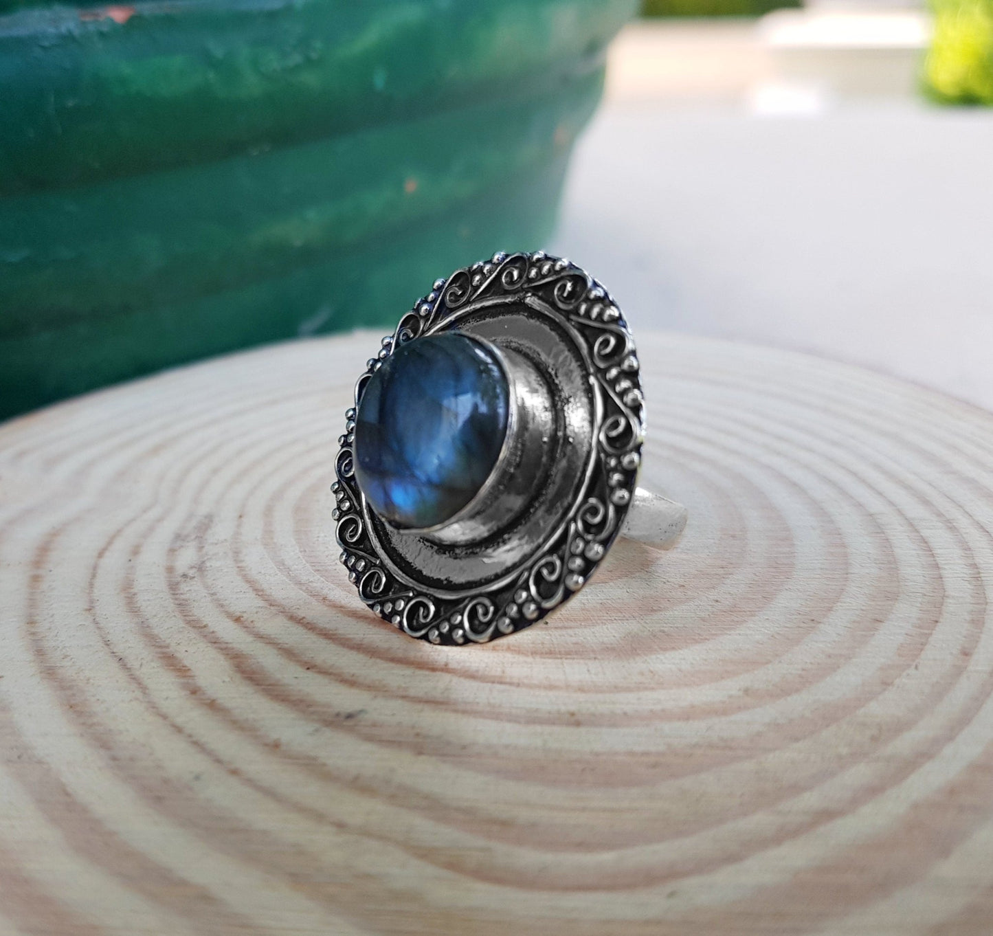Labradorite Statement Ring: Recycled Sterling Silver Boho Ring, US Size 7 - LunarGem -