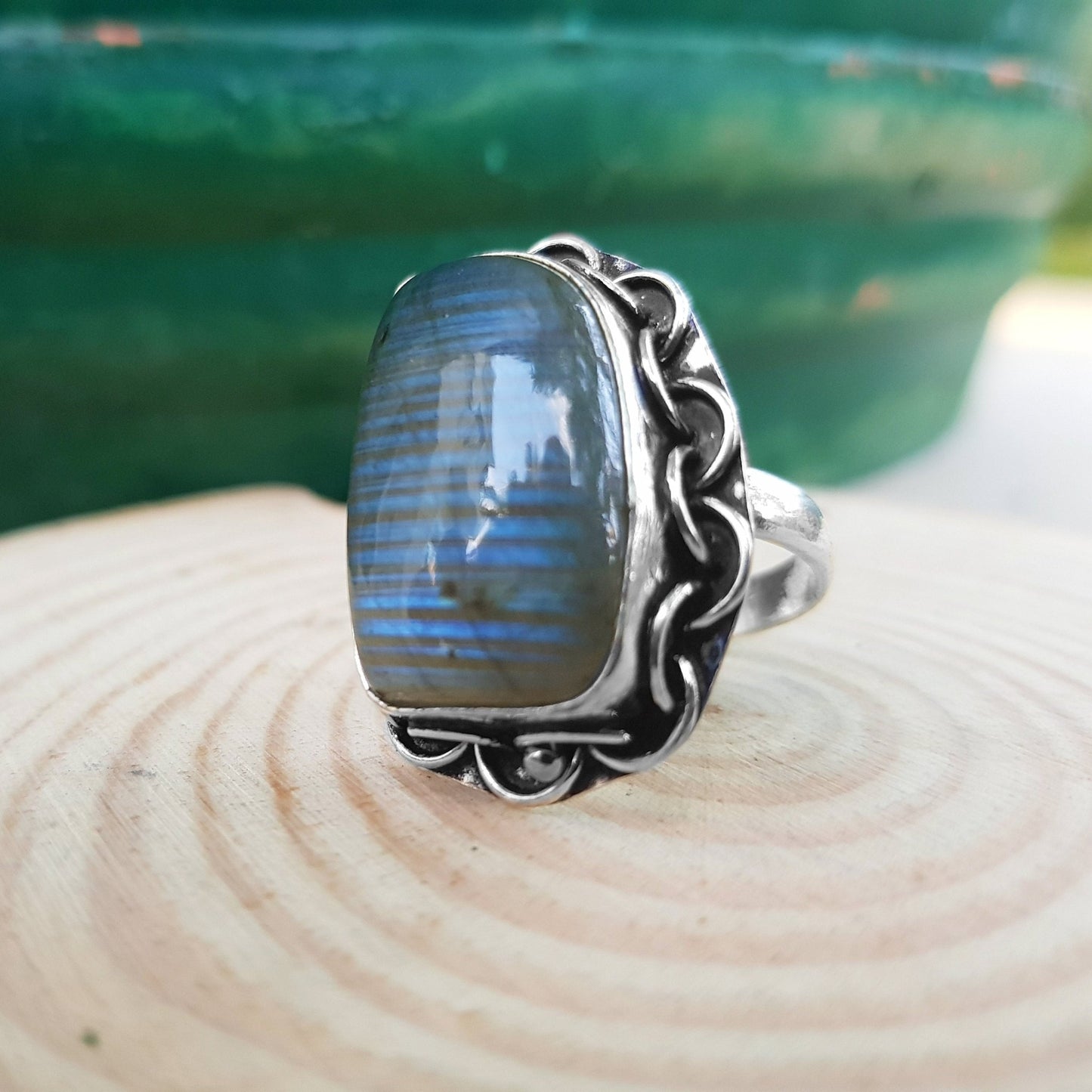 Labradorite Statement Ring: Recycled Sterling Silver Boho Ring, US Size 8.5 - LunarGem -