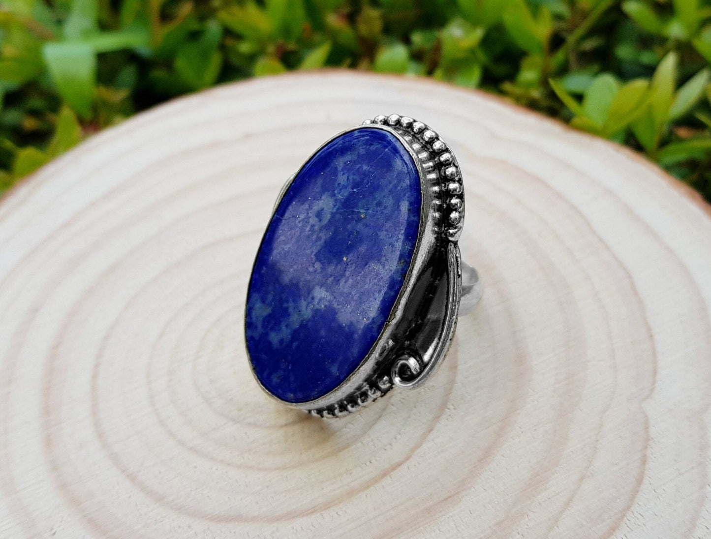 Lapis Lazuli Sterling Silver Ring - Boho Statement Ring, US Size 7.5 - LunarGem - Rings
