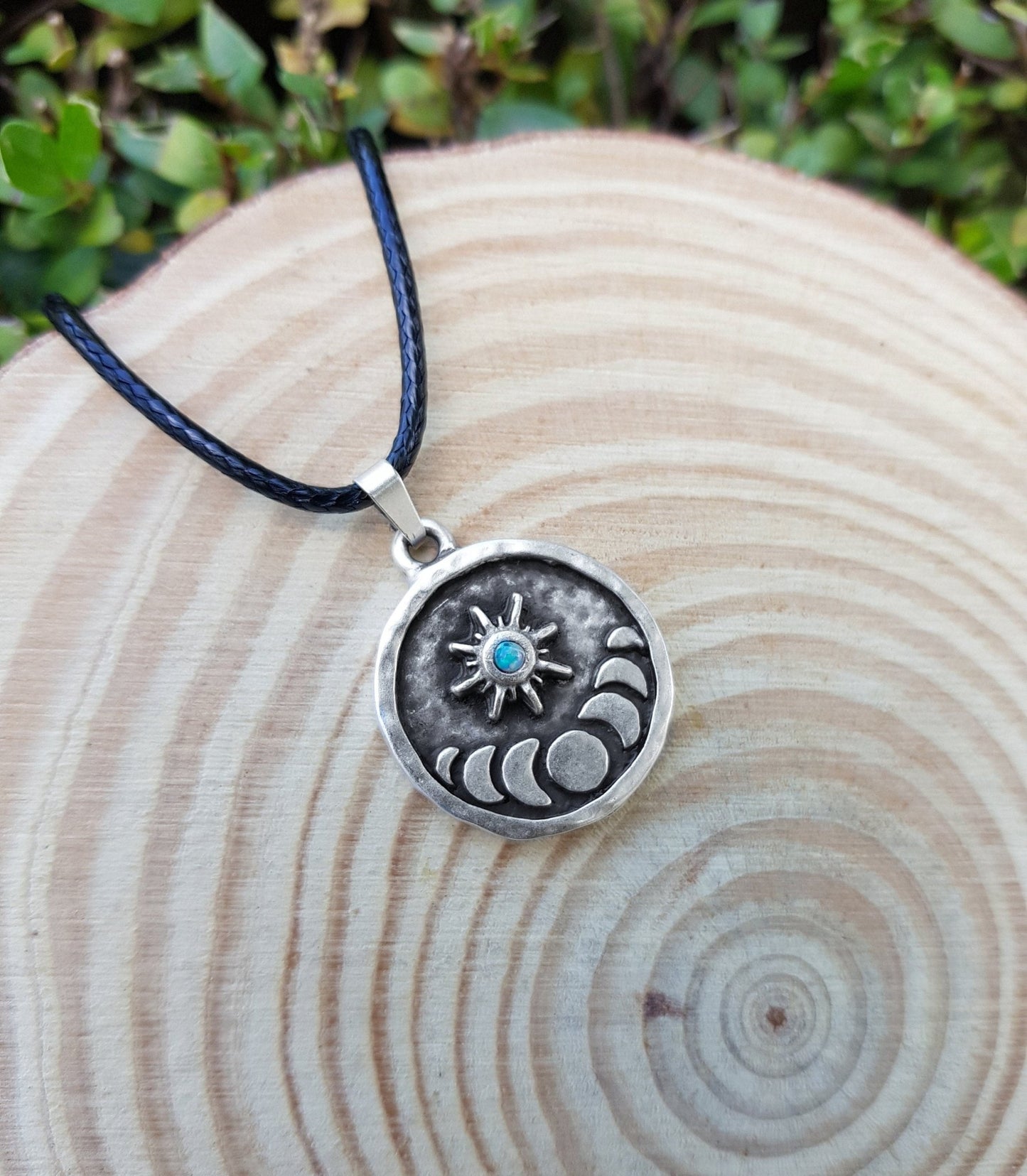 Moon Phases Ethiopian Opal Sterling Silver Necklace: Celestial Pendant - LunarGem -