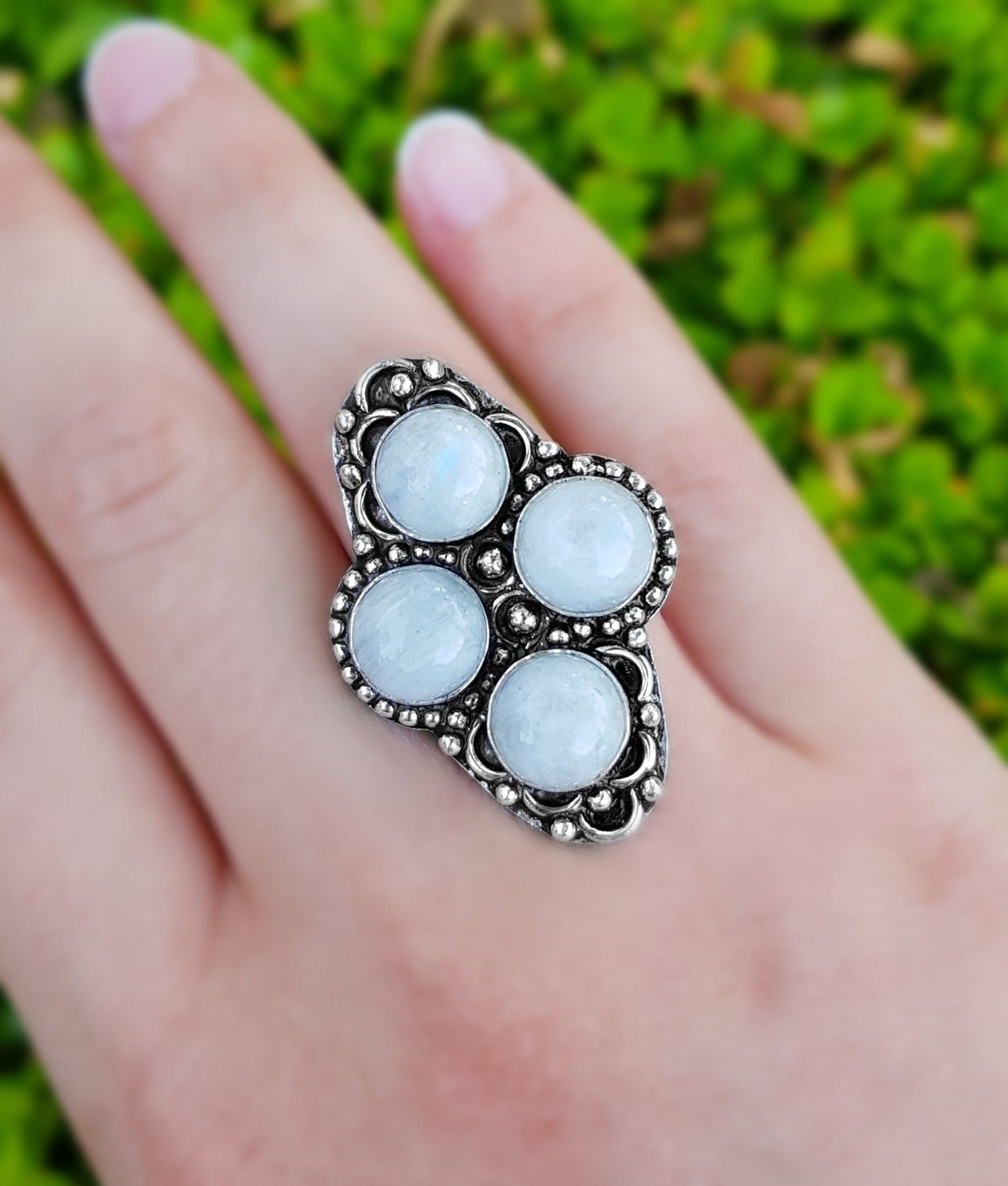 Moonstone Statement Ring In Sterling Silver Boho Ring Size US 7 GypsyJewelry Unique Gift Geometric Ring - LunarGem - Rings