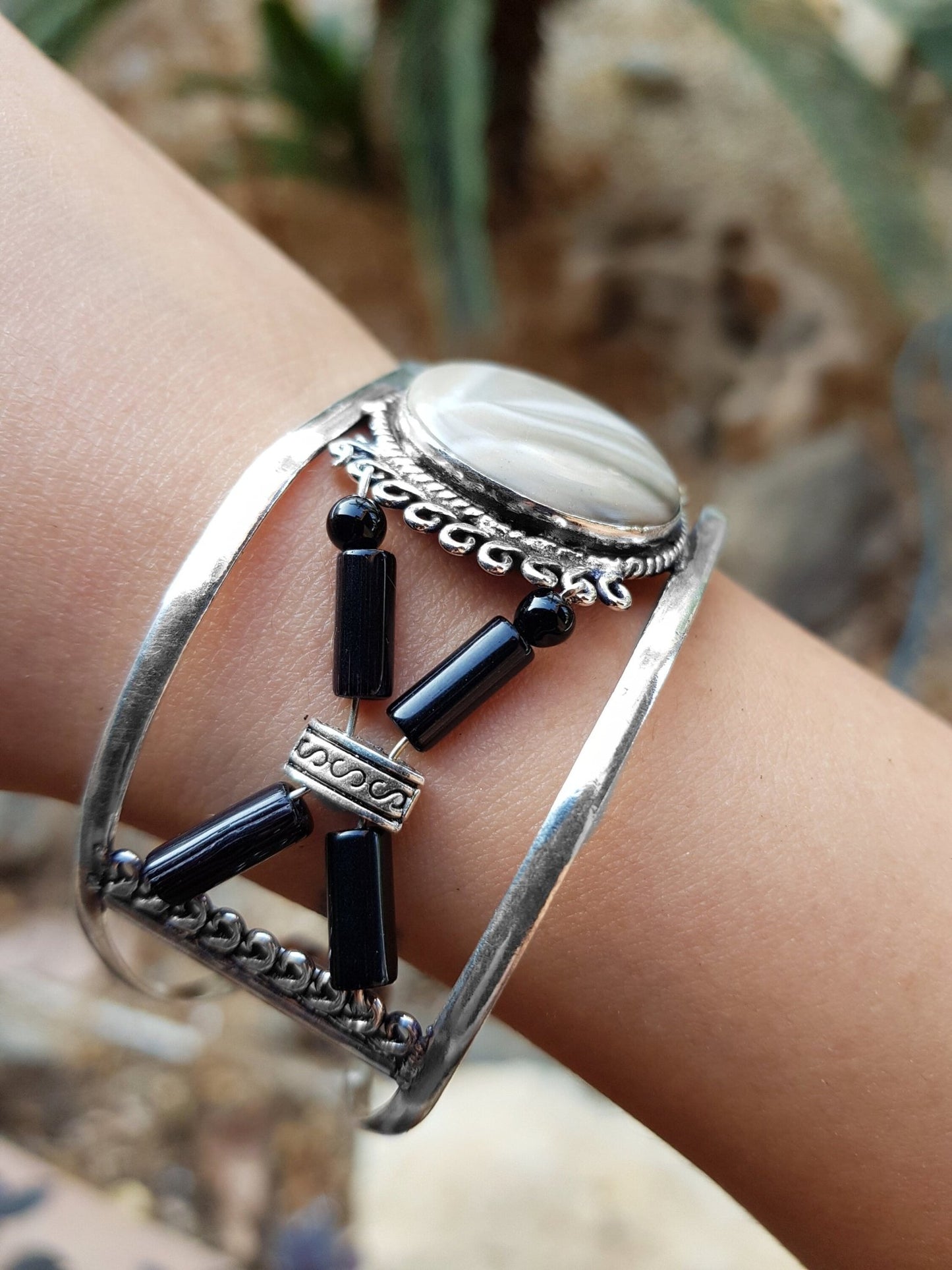 Mosaic Jasper Sterling Silver Bracelet, Adjustable Boho Cuff - LunarGem -