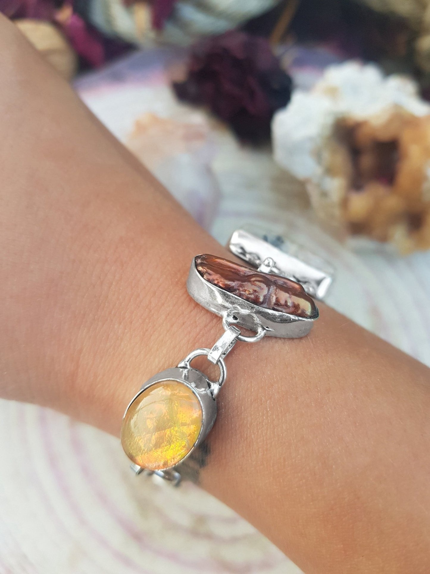 Moss Agate And Biwa Pearl Bracelet In Sterling Silver Multi Stone Adjustable Bracelet - LunarGem -