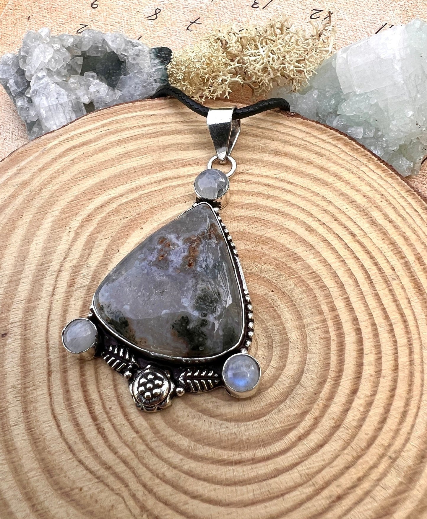 Moss Agate & Moonstone Sterling Silver Pendant - Boho Gemstone Jewelry - LunarGem -