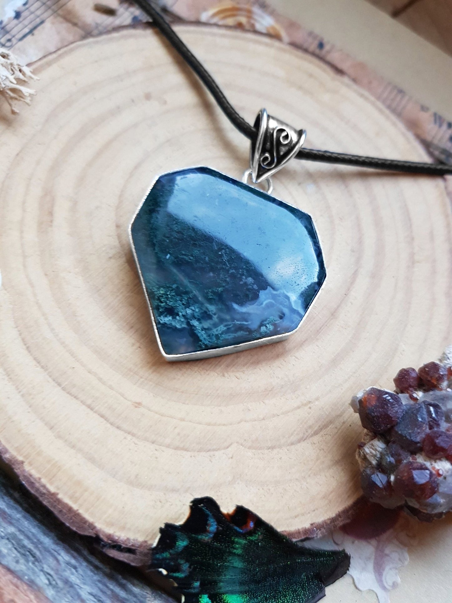 Moss Agate Pendant In Sterling Silver Boho Gemstone Pendant One Of A Kind Jewelry Unique Gift - LunarGem -