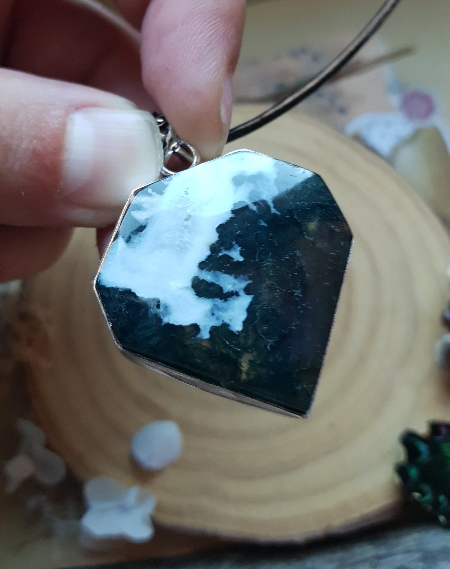 Moss Agate Sterling Silver Pendant: Boho Gemstone Necklace - LunarGem -