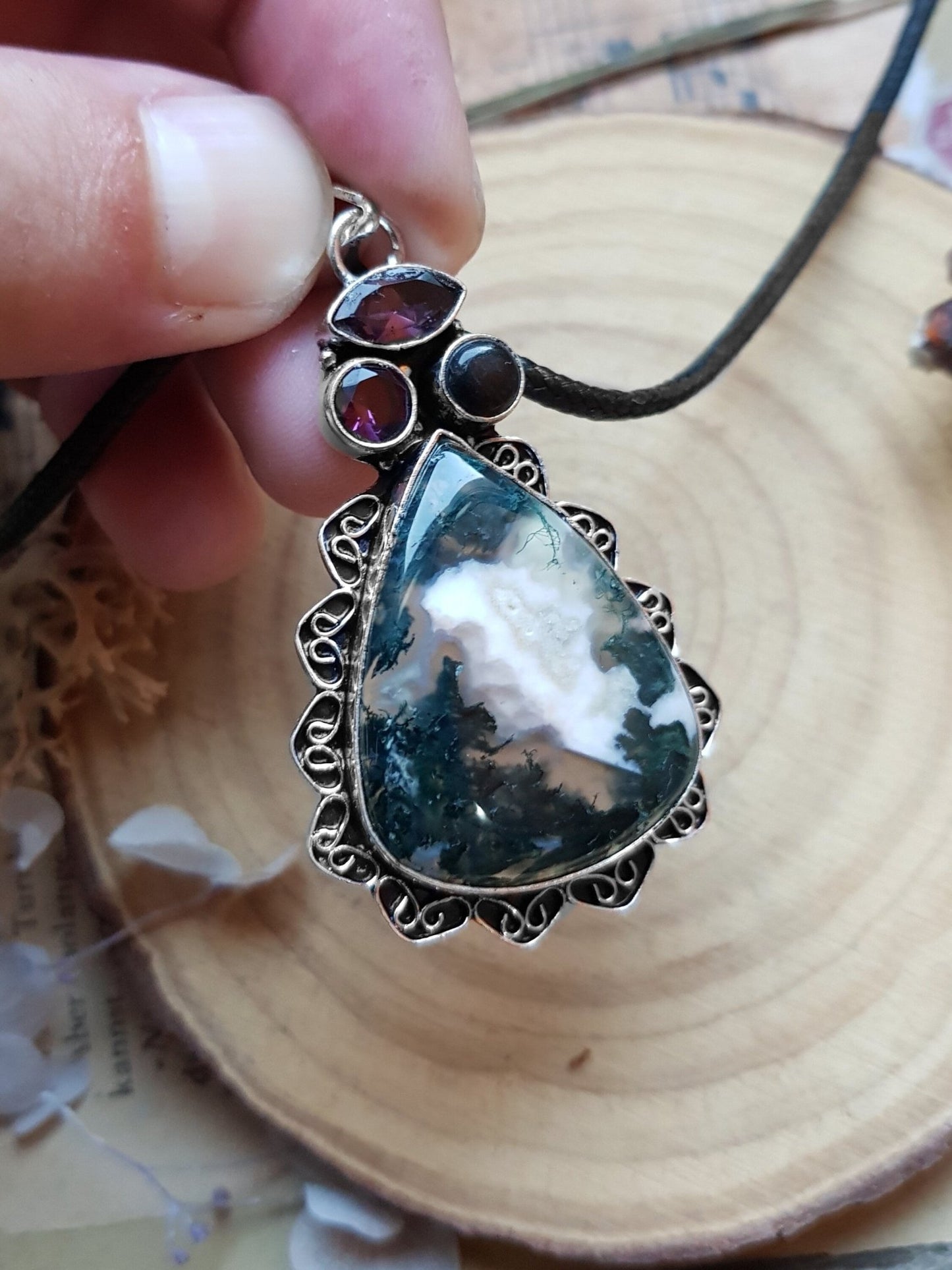 Moss Agate Sterling Silver Pendant: Boho Gemstone Necklace - LunarGem -