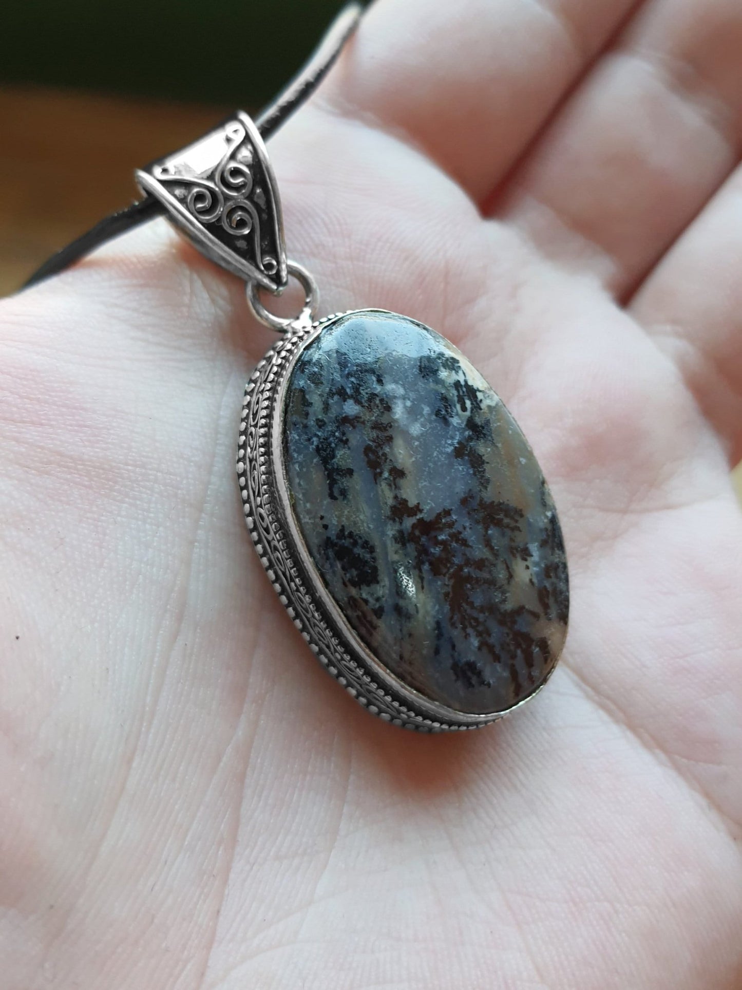 Moss Agate Sterling Silver Pendant, Boho Necklace - LunarGem -