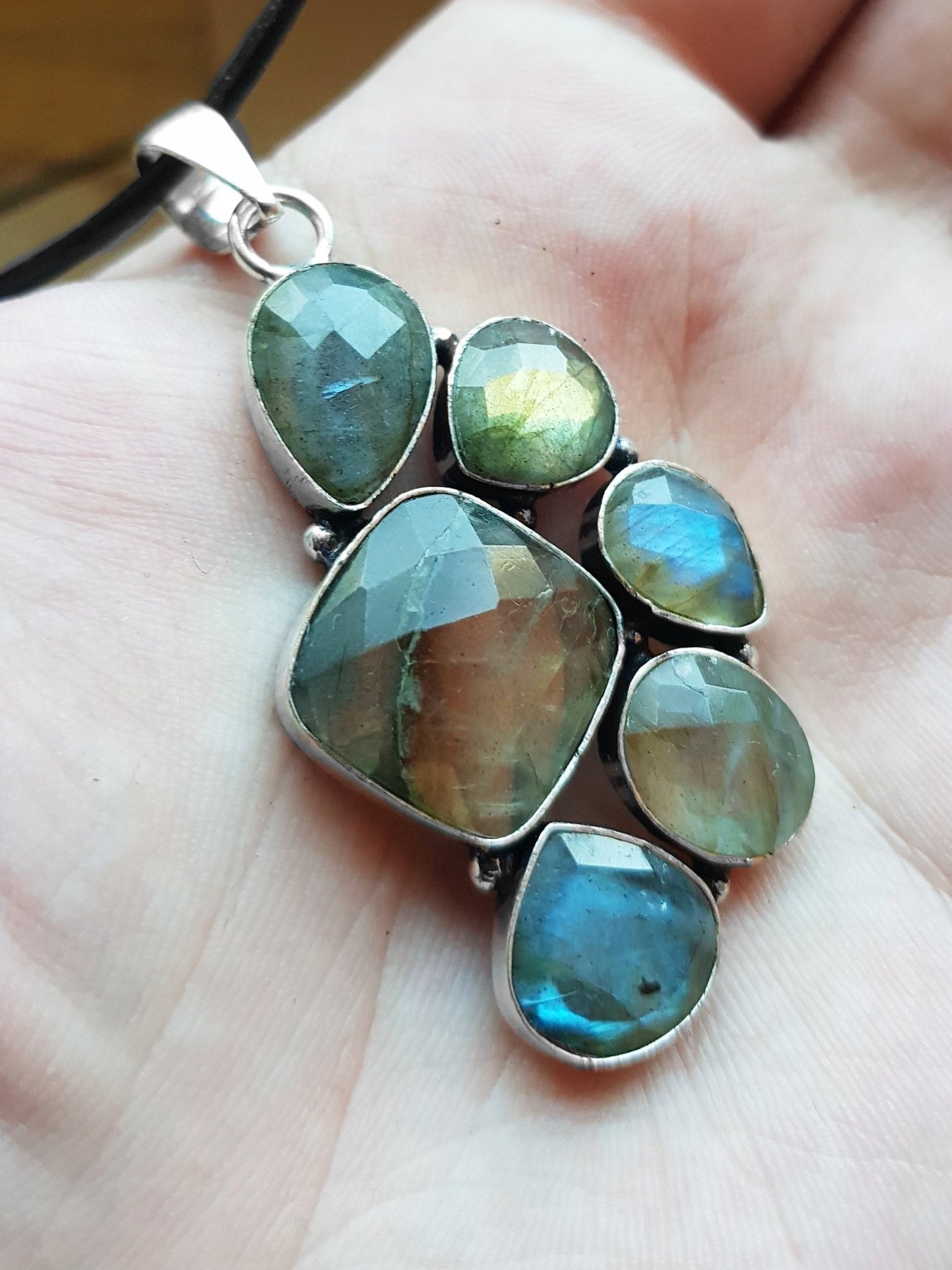 Multi Stone Blue Labradorite Pendant In Sterling Silver Big Statement Pendant - LunarGem -