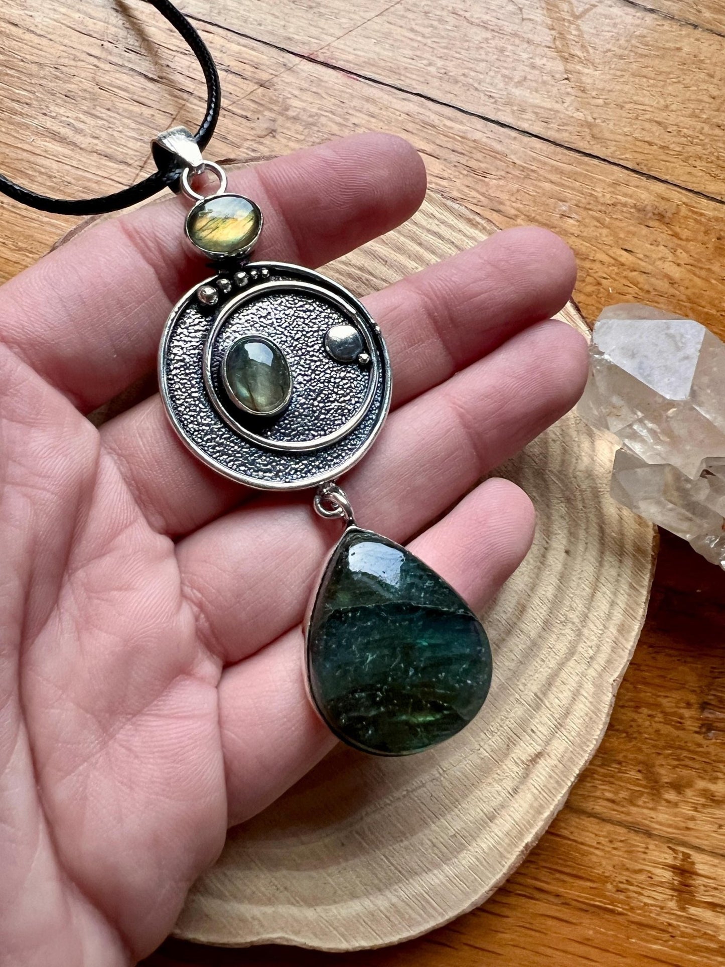 Multi Stone Labradorite Pendant In Sterling Silver, Big Statement Pendant - LunarGem -