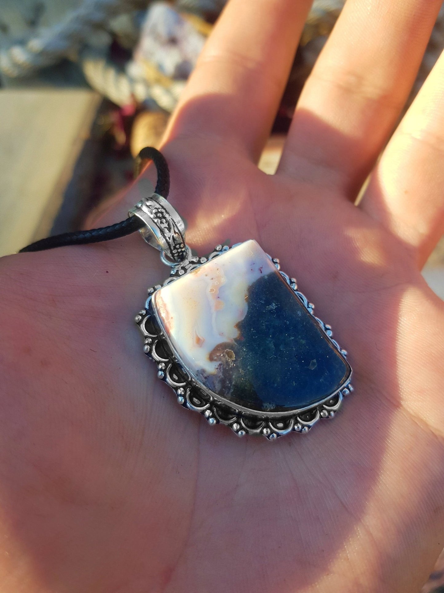 Natural Agate Pendant, Top Grade Agate Necklace In Sterling Silver One Of A Kind - LunarGem -