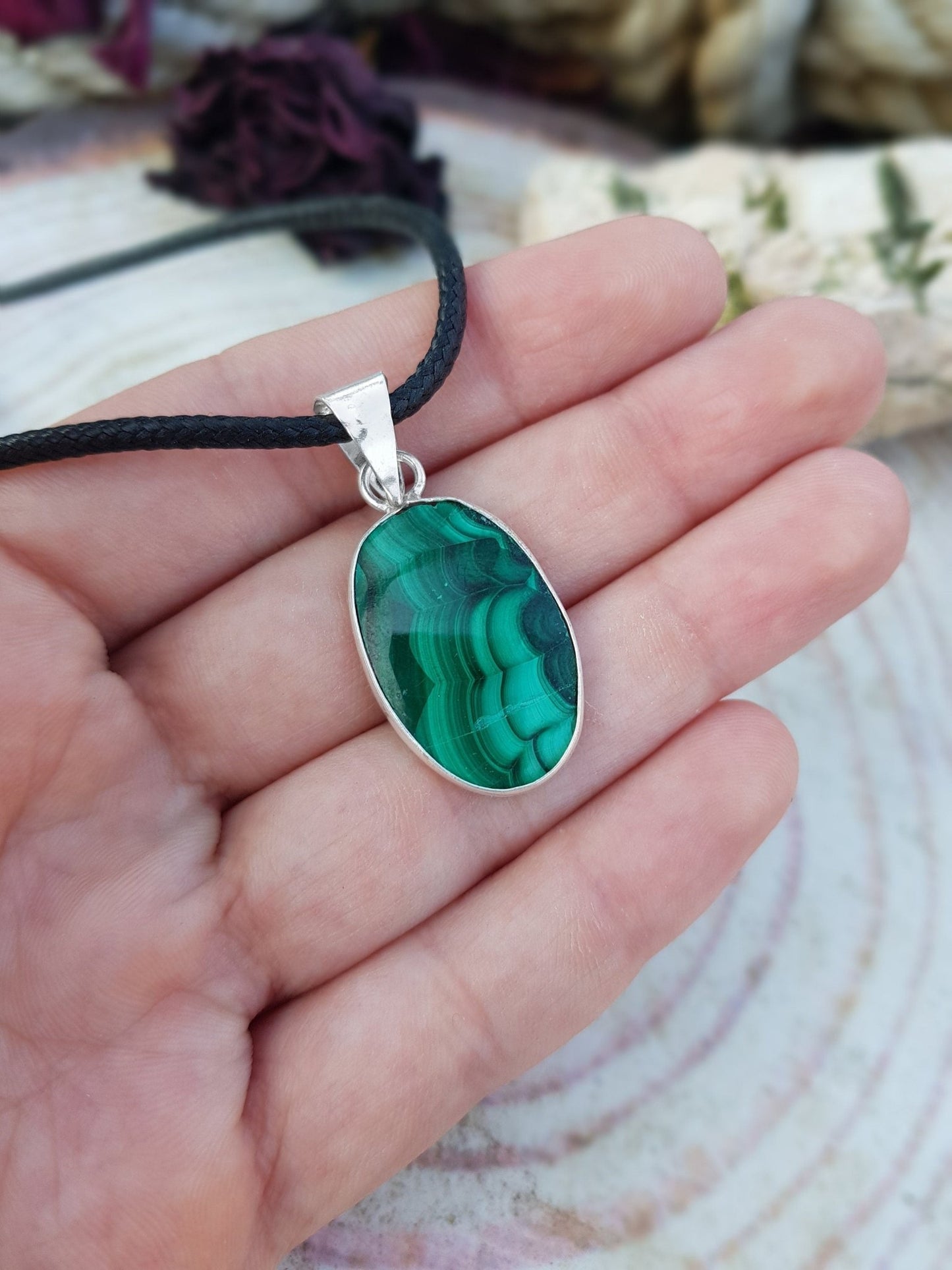 Oval Malachite Pendant: Sterling Silver Boho Necklace - LunarGem -