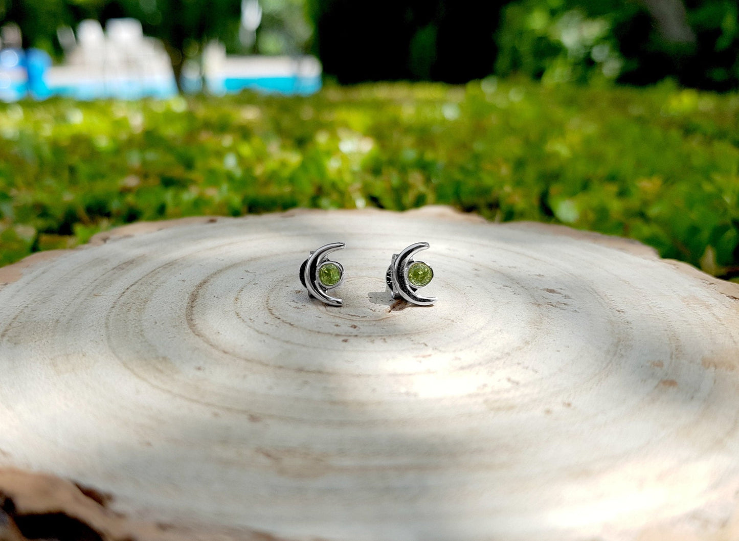 Peridot Crescent Moon Stud Earrings: Sterling Silver August Birthstone - LunarGem - Earrings