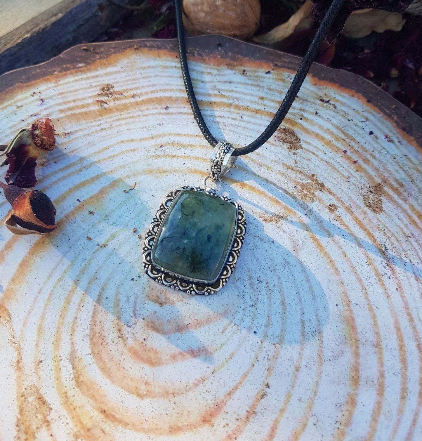 Prehnite Gemstone Pendant Sterling Silver Statement Pendant Gypsy Jewelry Unique Gift For Her - LunarGem -