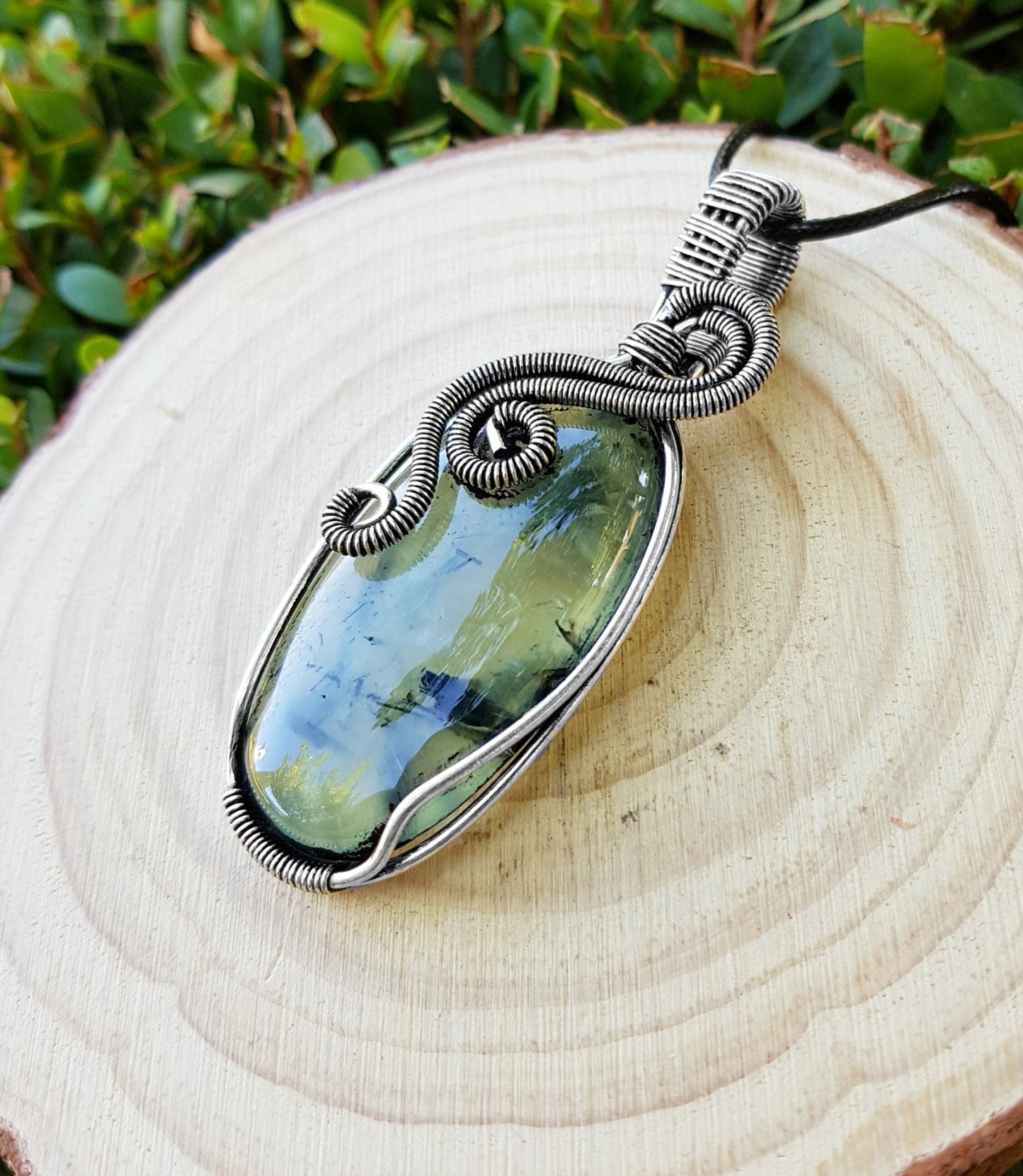 Prehnite Pendant Wire Wrapped Necklace In Sterling Silver One Of A Kind Handmade Jewellery - LunarGem - Charms & Pendants