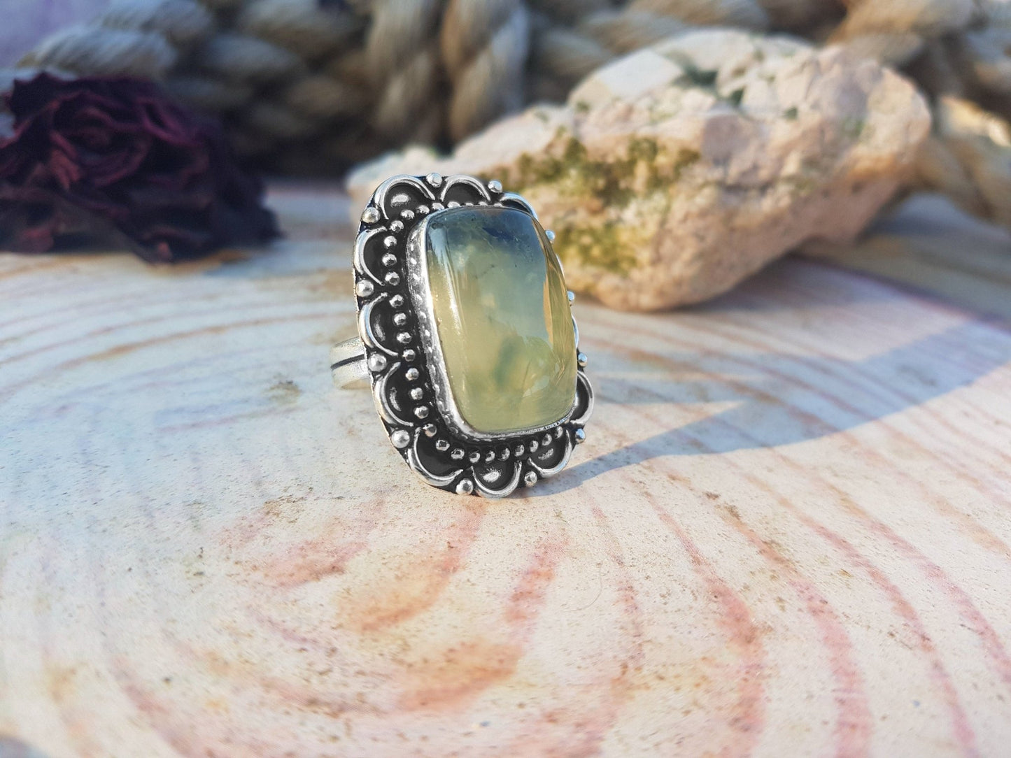 Prehnite Sterling Silver Ring - US Size 9 - Boho Statement Jewelry - LunarGem -