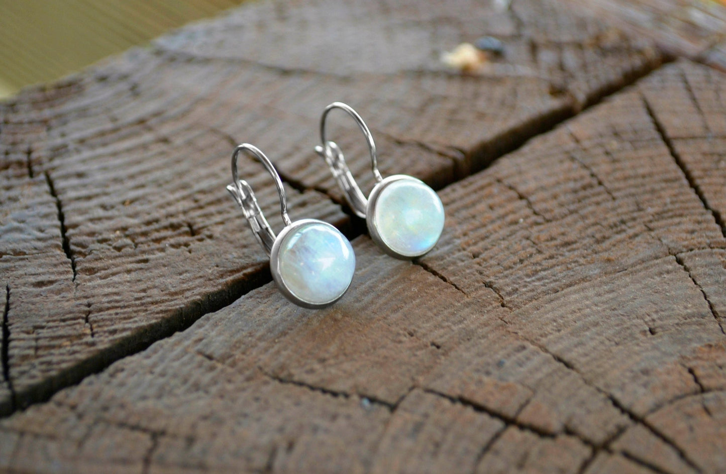 Rainbow Moonstone Dangle Earrings: Stainless Steel Leverback, June Birthstone - LunarGem - Earrings