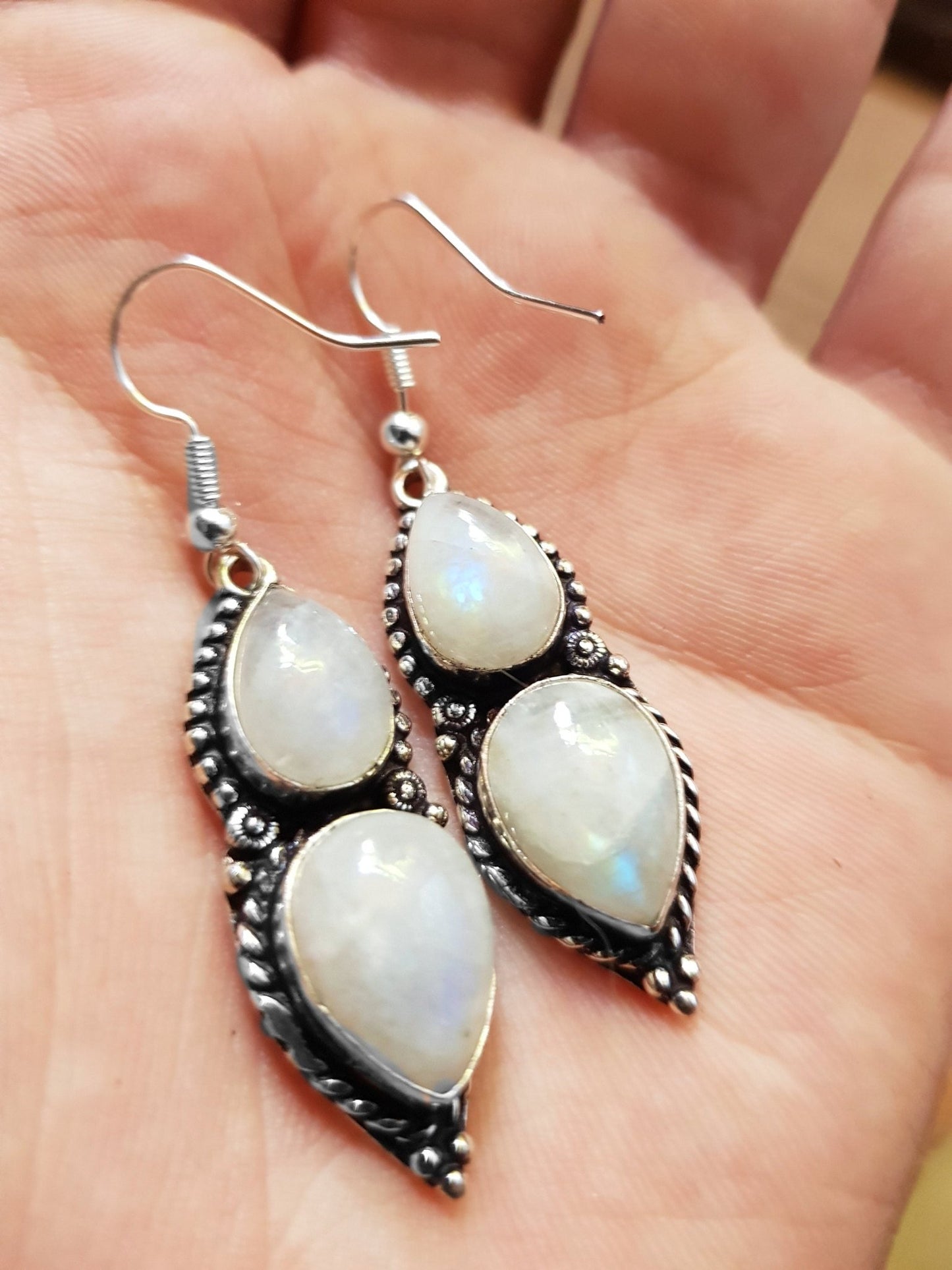 Rainbow Moonstone Sterling Silver Dangle Earrings: Hypoallergenic Boho Jewelry - LunarGem -