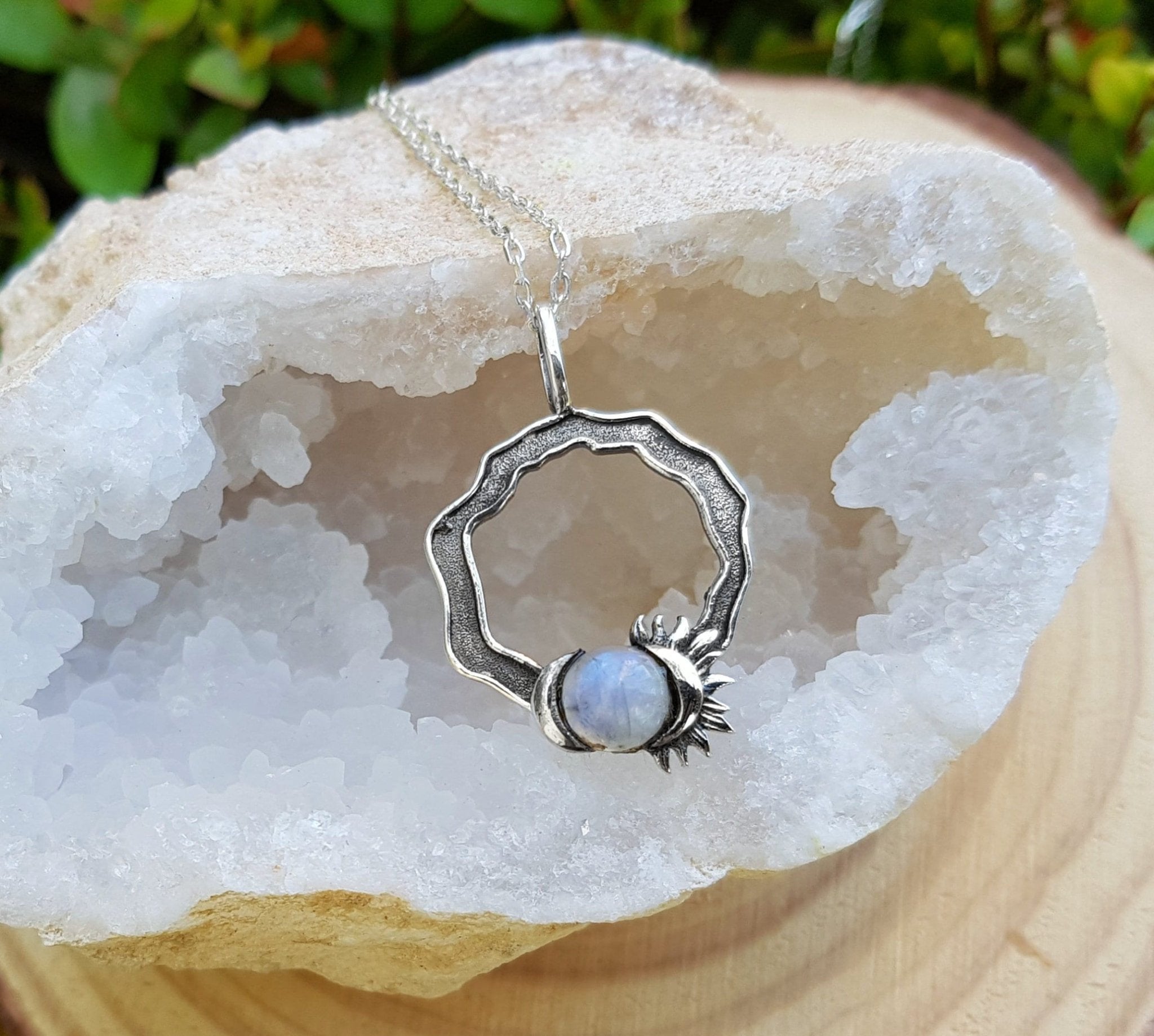 Rainbow Moonstone Sun and Moon Necklace: Sterling Silver Celestial 