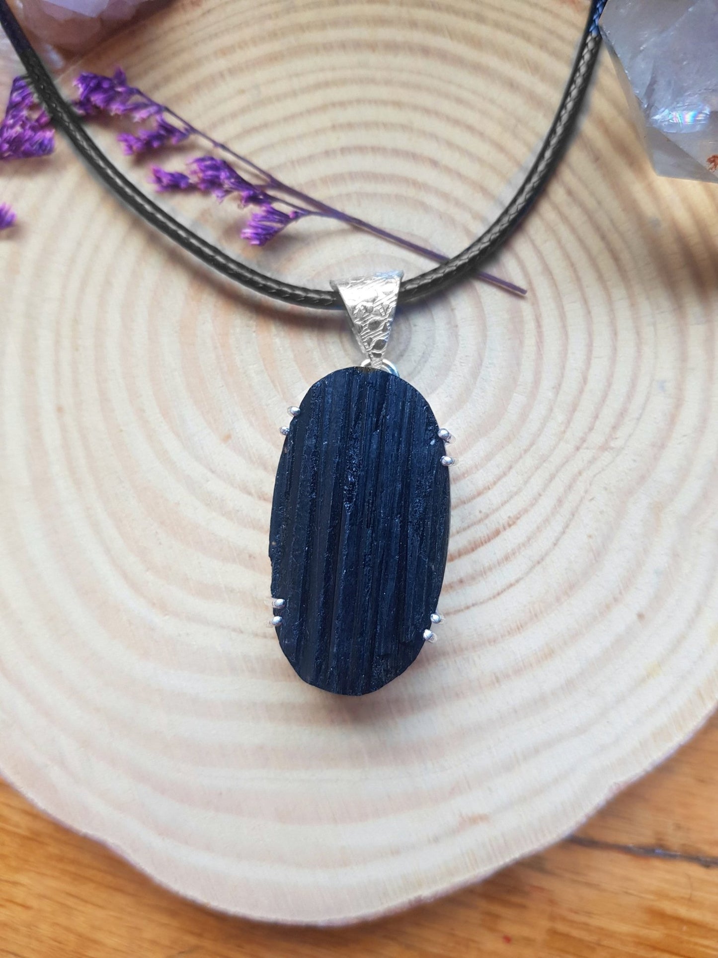 Raw Black Tourmaline Necklace, Sterling Silver Boho Pendant, One of a Kind - LunarGem -