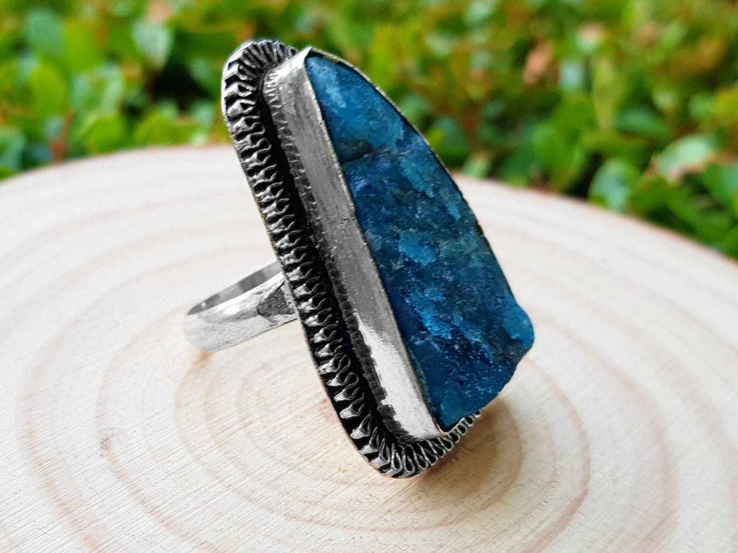 Raw Blue Apatite Sterling Silver Ring - Boho Gemstone Jewelry, US Size 7 1/4 - LunarGem - Rings