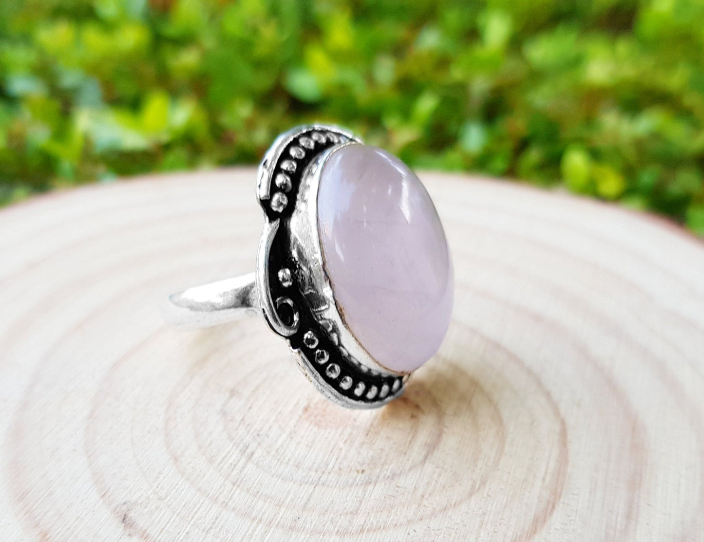 Rose Quartz Sterling Silver Ring - US Size 7 Boho Statement Ring - LunarGem - Rings
