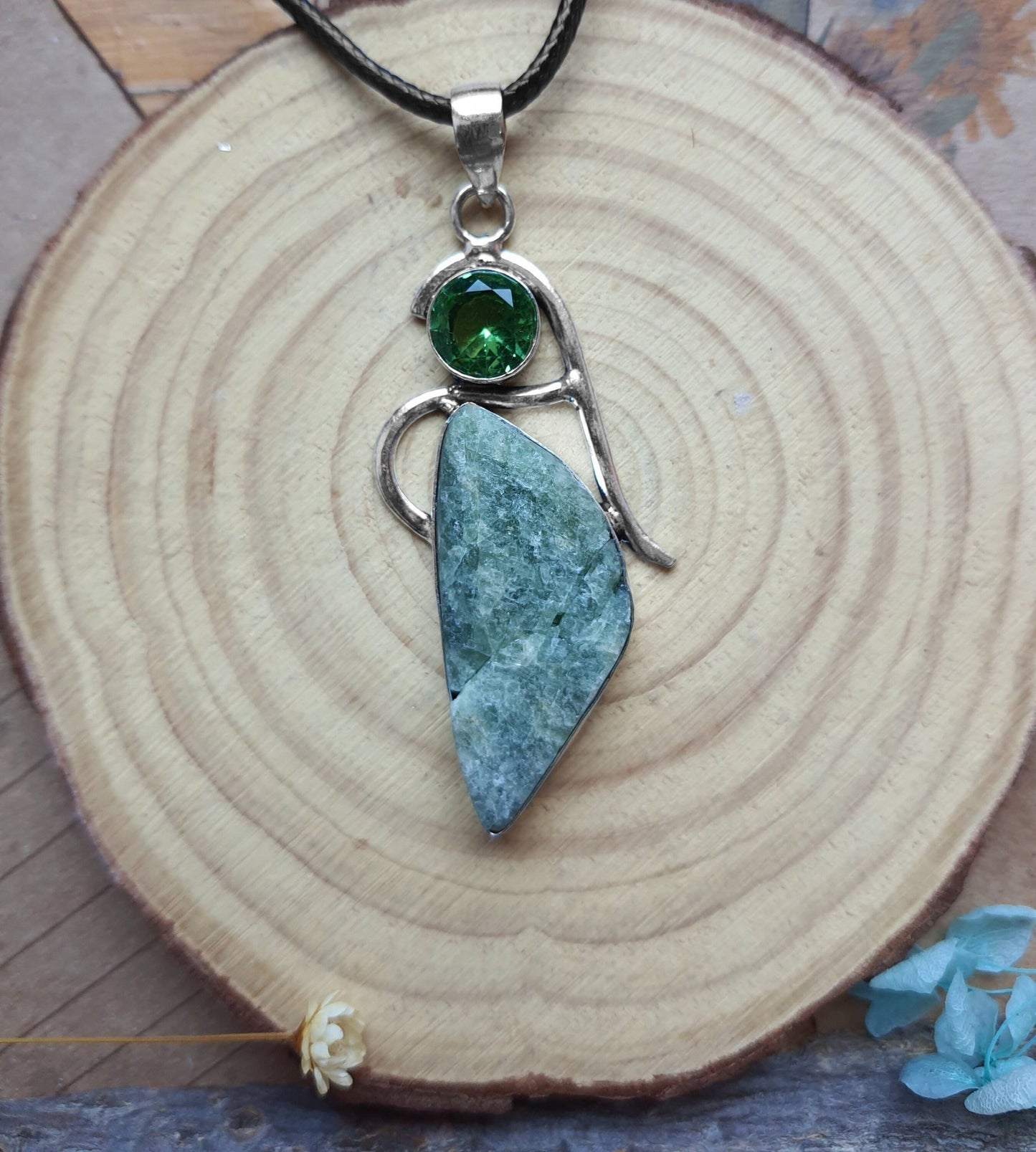 Rough Seraphinite And Glass Bead Pendant In Sterling Silver Statement Pendant One Of A Kind - LunarGem -