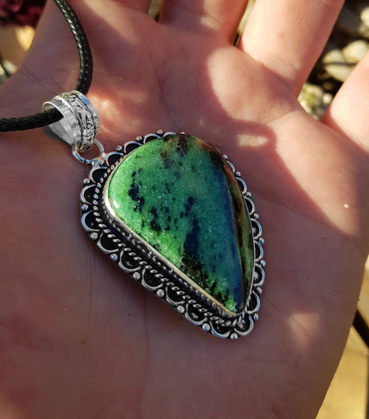 Ruby Zoisite Sterling Silver Pendant: Teardrop Boho Necklace - LunarGem -