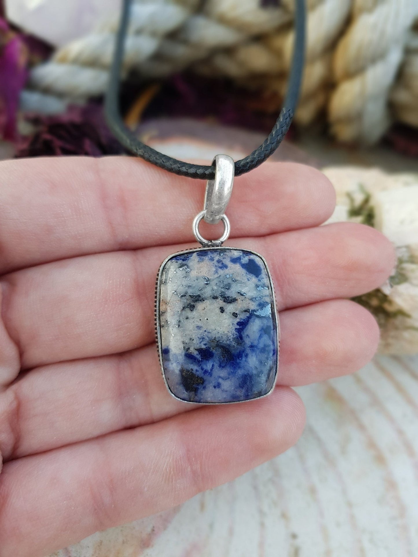 Sodalite Pendant In Sterling Silver Boho Crystal Necklace - LunarGem -