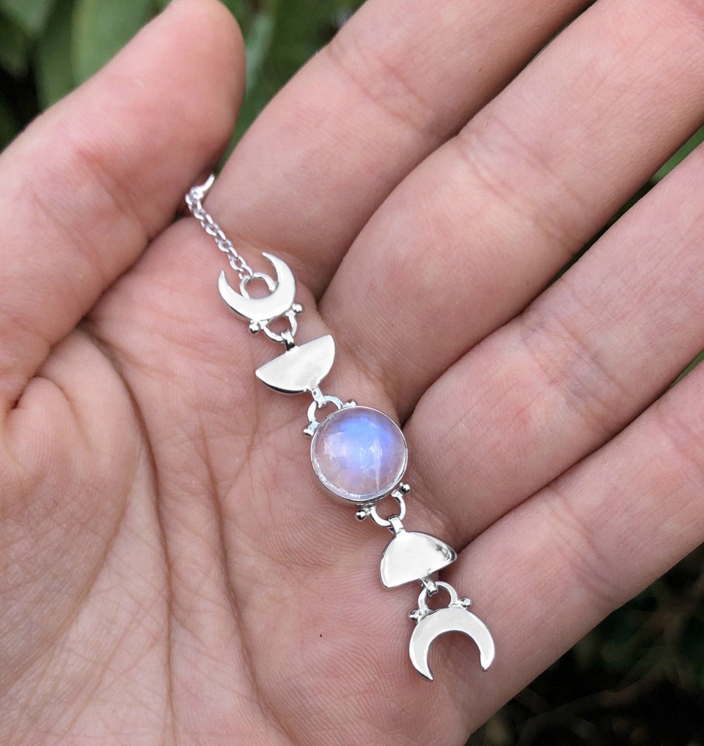 Sterling Silver Moonstone Necklace: Moon Phases Boho Pendant - LunarGem -
